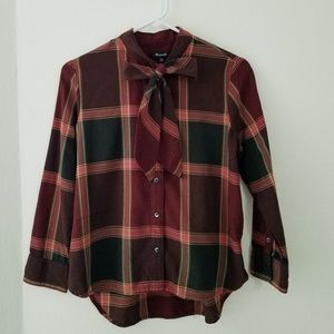 Madewell Burgundy Plaid Tie Neck Shirt XXS